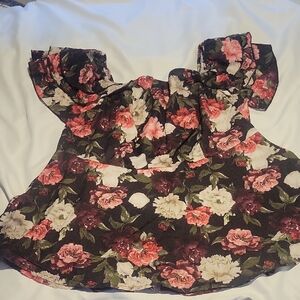 SHEIN Floral Ruffle Blouse - Black and Pink